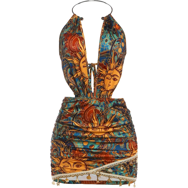 Weird Puss Colorful Print Backless Dress Women Sexy