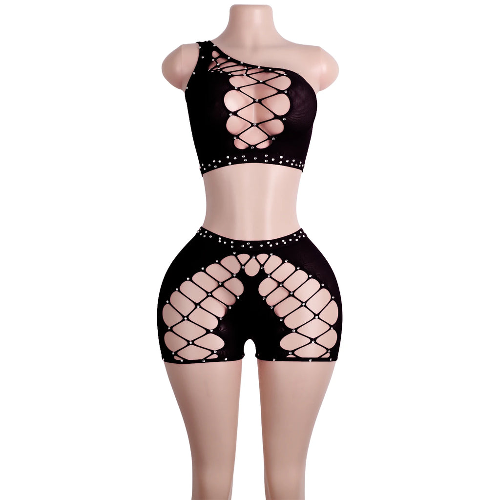 Exotic Dance wear Bodysuit Crystal Mesh Shorts Stripper Two-Piece Outfit