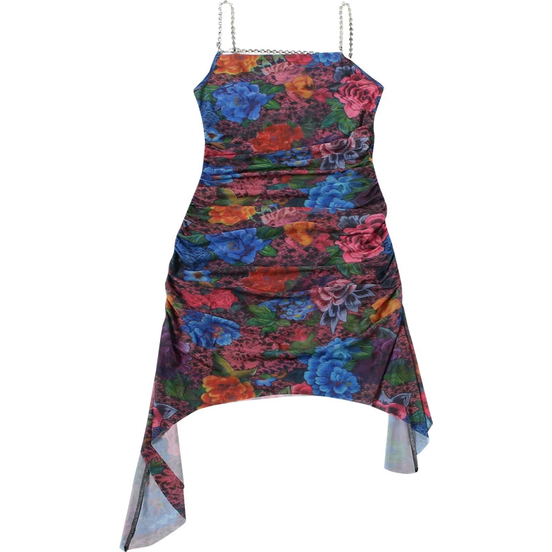 Floral Print Mini Dress Woman Rhinestone Chain
