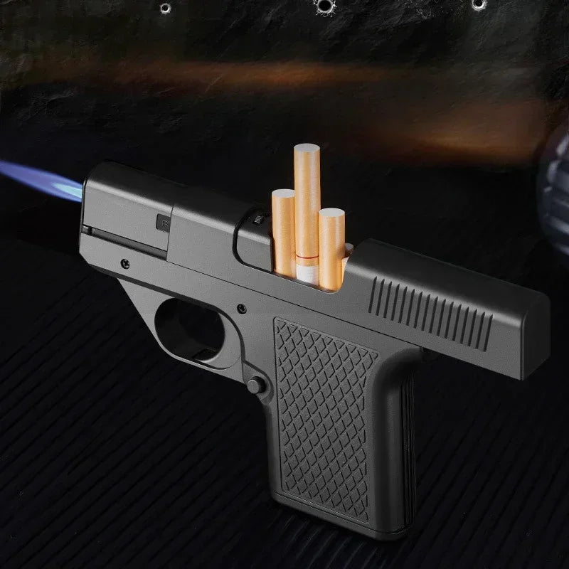 Windproof Capacity 10PCS Pistol style Inflatable Lighter with 3 Cigarette Boxes Jet style Deep Blue Flame Lighter Smoking Gift