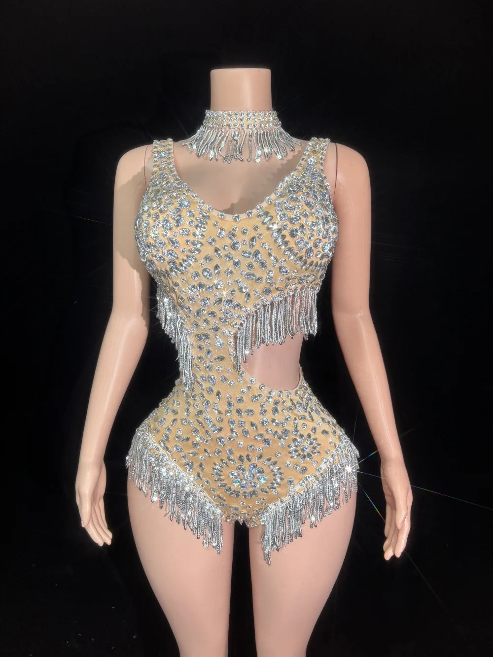 Women Sexy Sparkly Red Black Skin Crystal Stretchy Night Club Singer Dancer Shinning Tassel Stage Costume Party Bodysuit