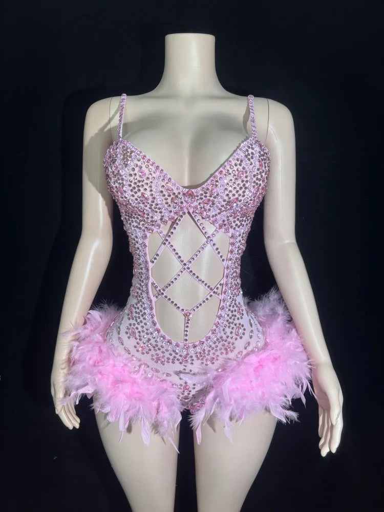 3 Colors Women Sexy Sparkly Pink Crystal Stretchy Night Club Singer Dancer Shinning Feathers Stage Costume Party Bodysuit