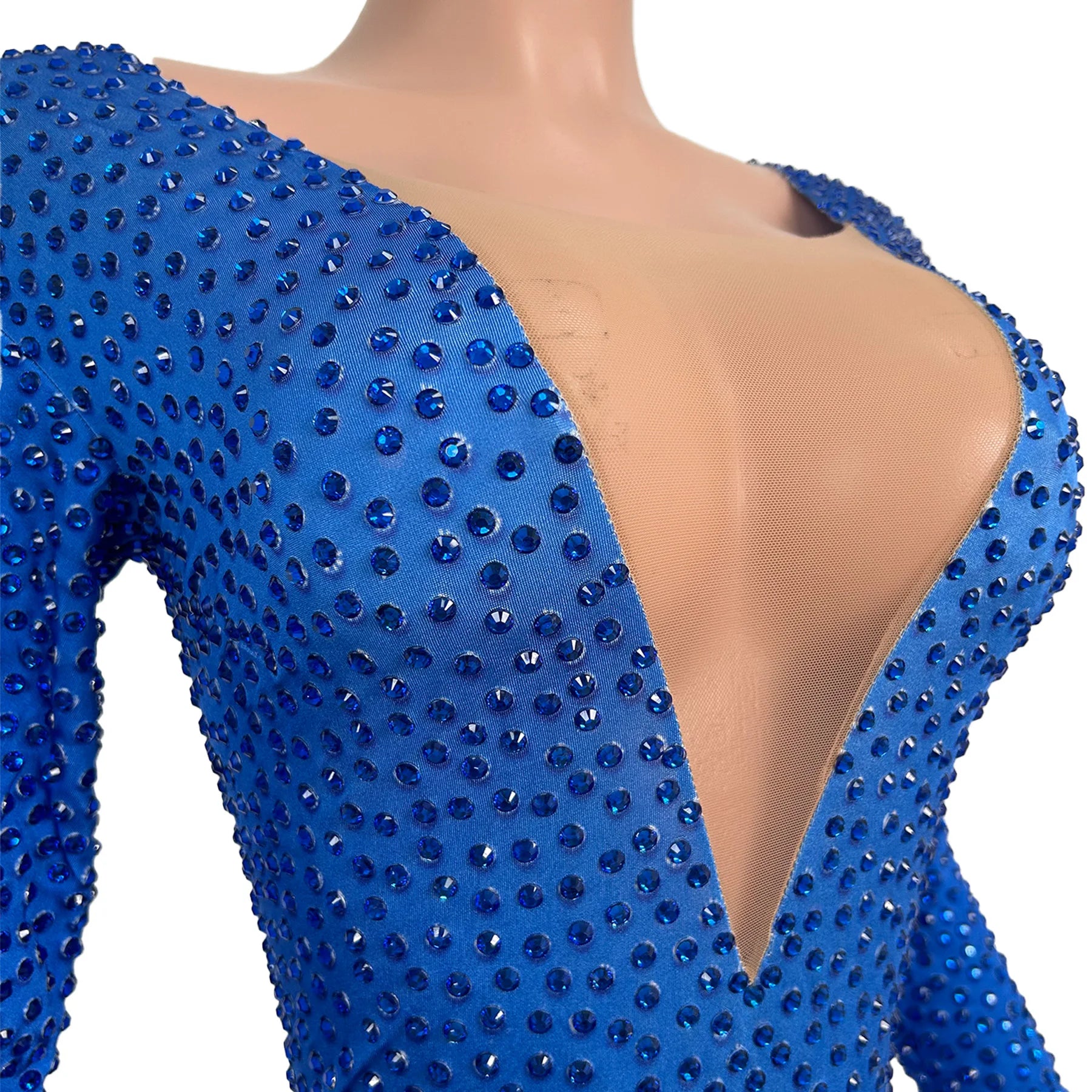 Sexy Deep V Neck Long Sleeves Blue Crystal Jumpsuits