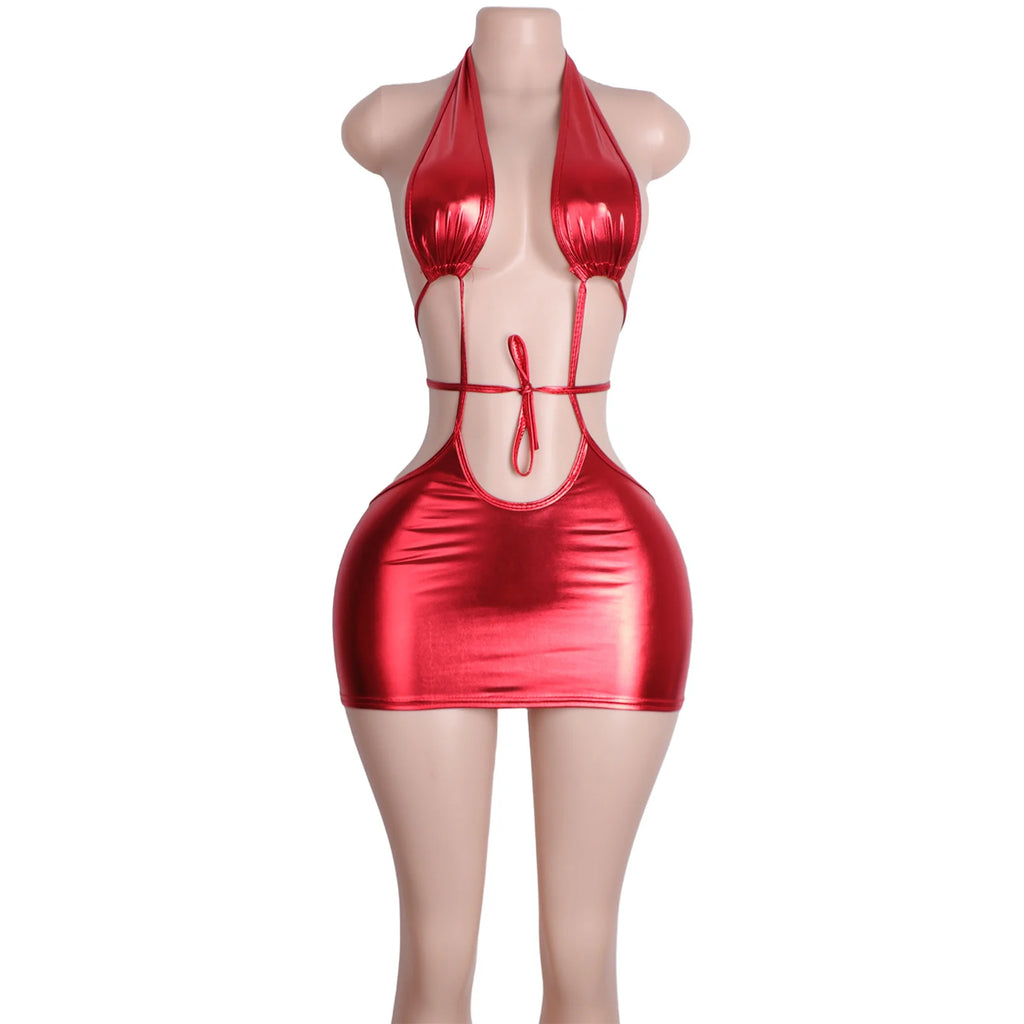 Patent Leather Jumpsuit Set Bodysuit Skirt Clubwear