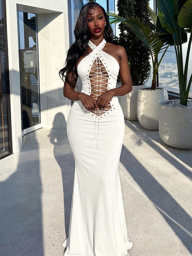 Sexy Hollow Long Dress Woman Halter Backless Cross Bandage Decoration High Waist Robe