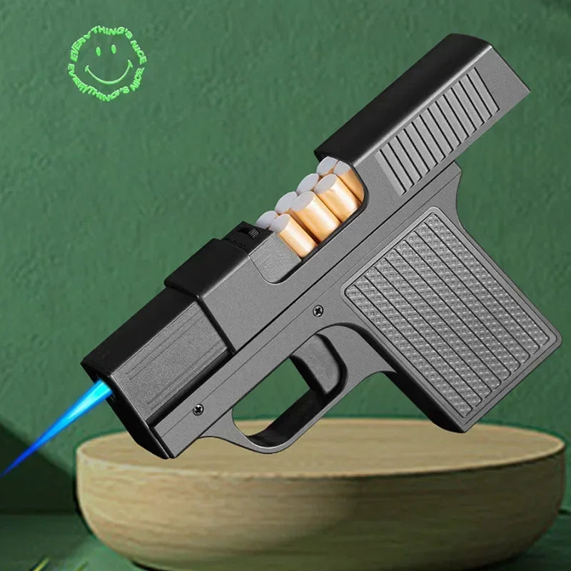 Windproof Capacity 10PCS Pistol style Inflatable Lighter with 3 Cigarette Boxes Jet style Deep Blue Flame Lighter Smoking Gift