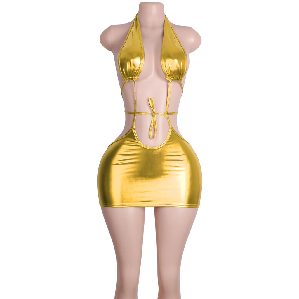 Patent Leather Jumpsuit Set Bodysuit Skirt Clubwear