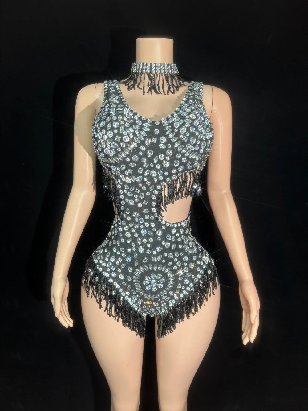 Women Sexy Sparkly Red Black Skin Crystal Stretchy Night Club Singer Dancer Shinning Tassel Stage Costume Party Bodysuit