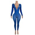 Sexy Deep V Neck Long Sleeves Blue Crystal Jumpsuits