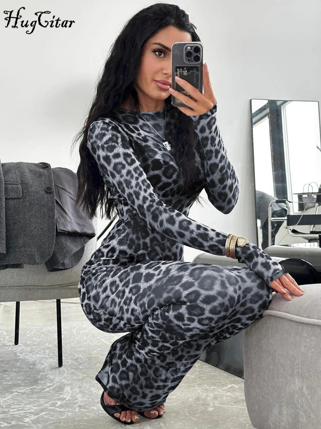 Hugcitar Leopard Print Mesh Long Sleeve Sexy