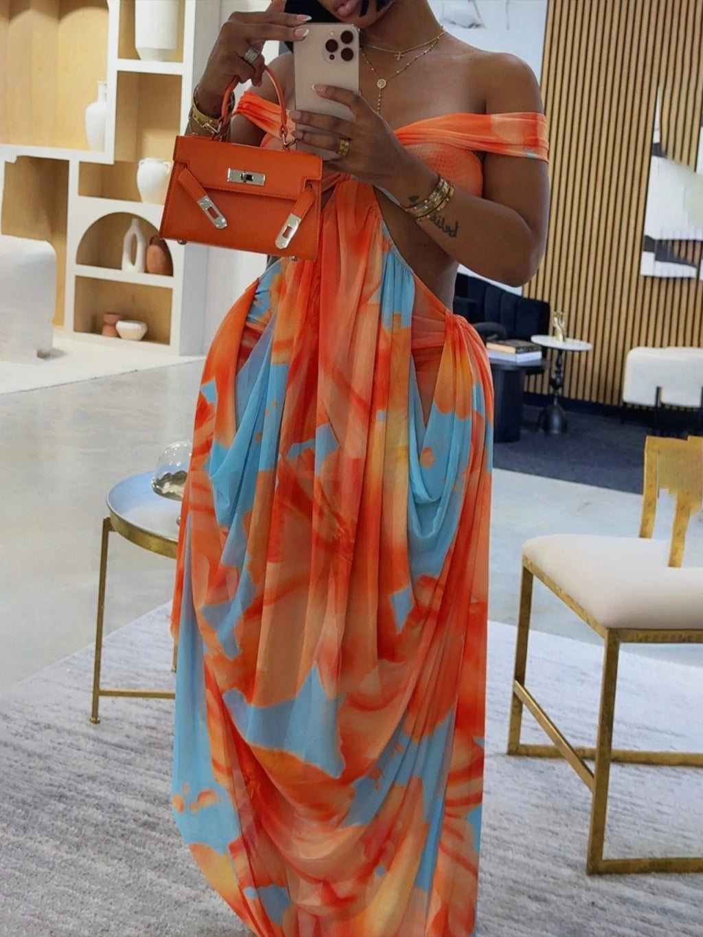 HLJ Sexy Tie Dye Patchwork Dress Women One Shoulder