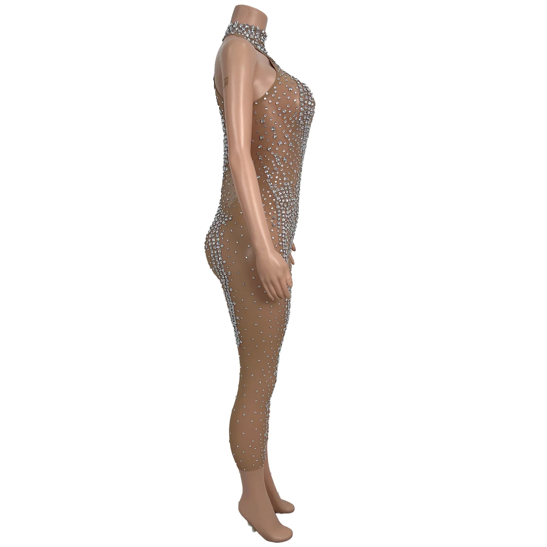 Sexy Sleeveless Hollow Out Rhinestone Jumpsuits Women Club Party One Piece Bodysuit Show Dance Rompers Stripper Festival Outfit