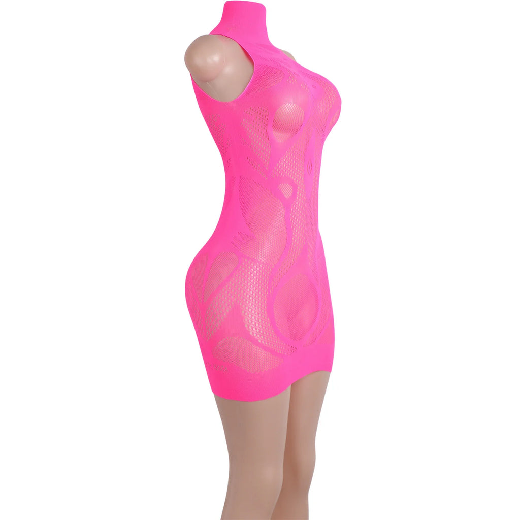 Women's Hot Pink Stripper Outfits Exotic Dancewear Sleeveless Bodysuit Fishnet Lingerie Bra Club Performance Wear