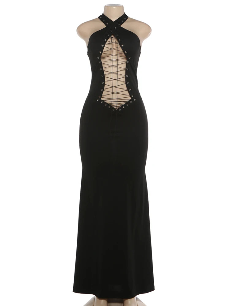 Sexy Hollow Long Dress Woman Halter Backless Cross Bandage Decoration High Waist Robe
