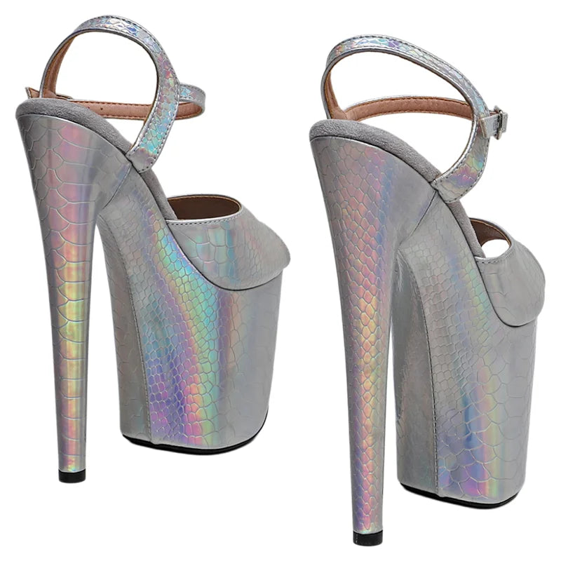 Leecabe  8Inch/20cm holographic snake silver Upper  fashion Platform High Heels Sandals stripper heel Pole Dance shoes