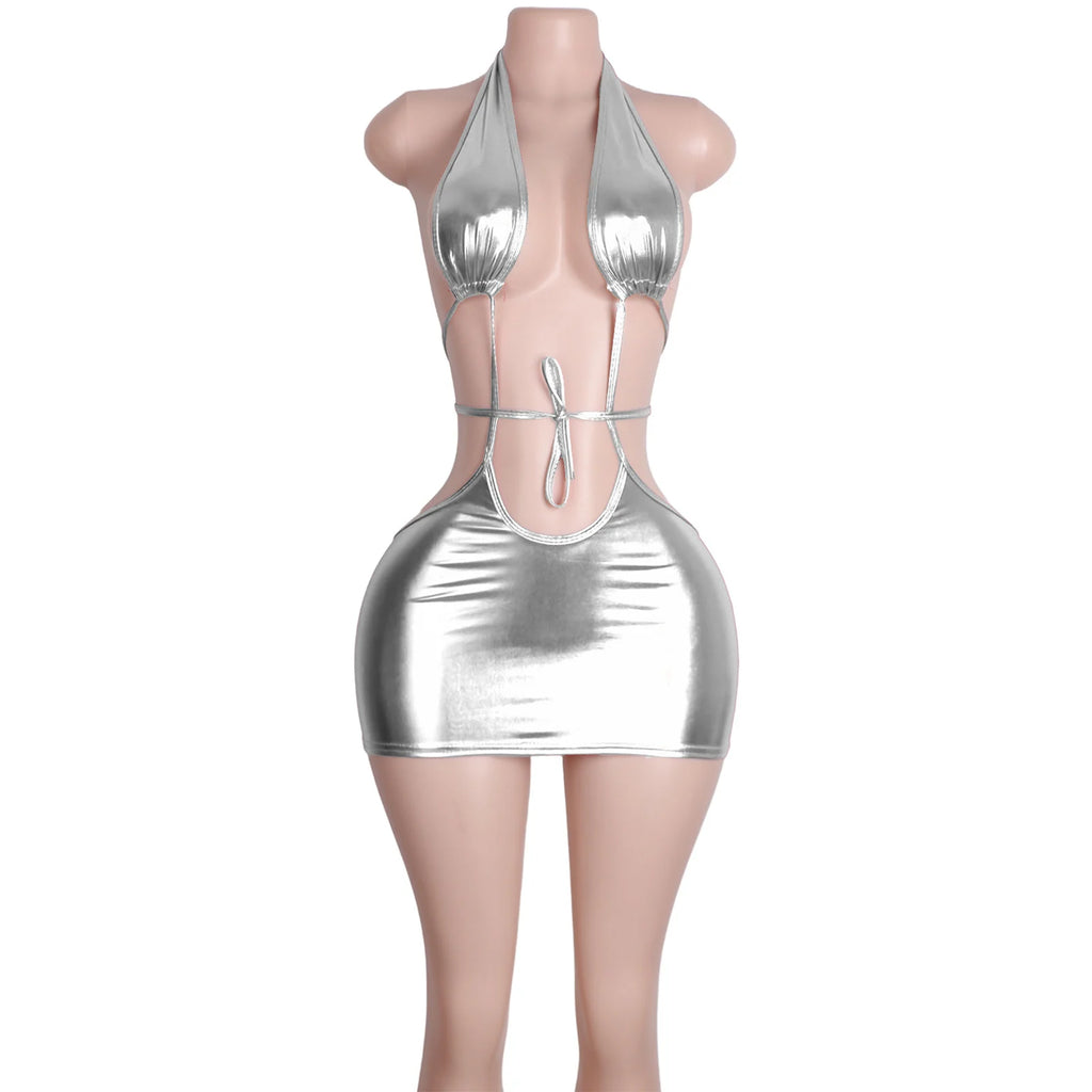 Patent Leather Jumpsuit Set Bodysuit Skirt Clubwear