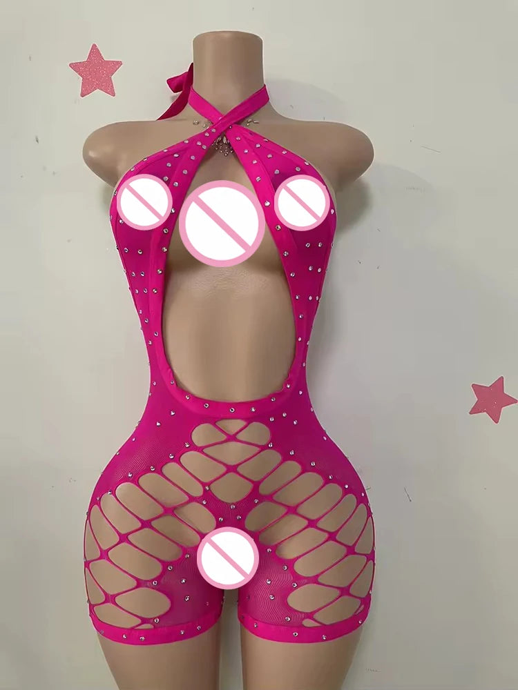 Sexy Designer Stripper Outfits Hollow-Out Rhinestone
