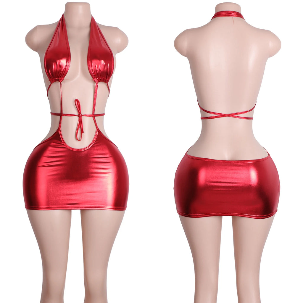 Patent Leather Jumpsuit Set Bodysuit Skirt Clubwear