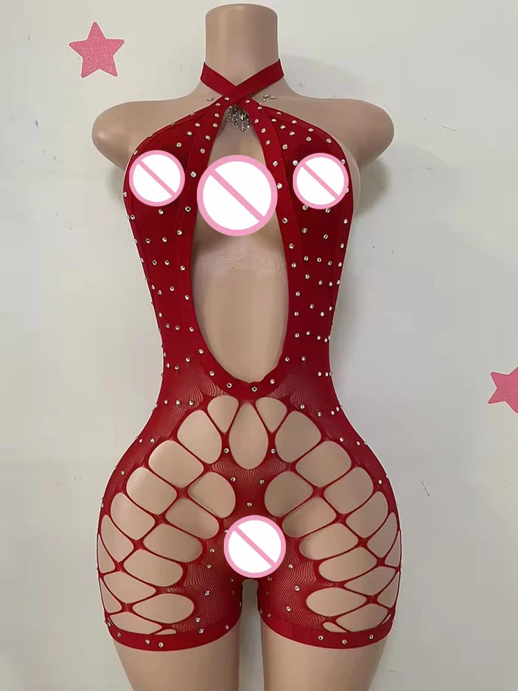 Sexy Designer Stripper Outfits Hollow-Out Rhinestone