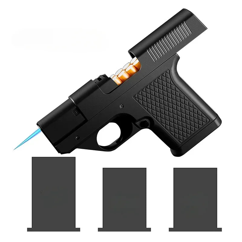 Windproof Capacity 10PCS Pistol style Inflatable Lighter with 3 Cigarette Boxes Jet style Deep Blue Flame Lighter Smoking Gift