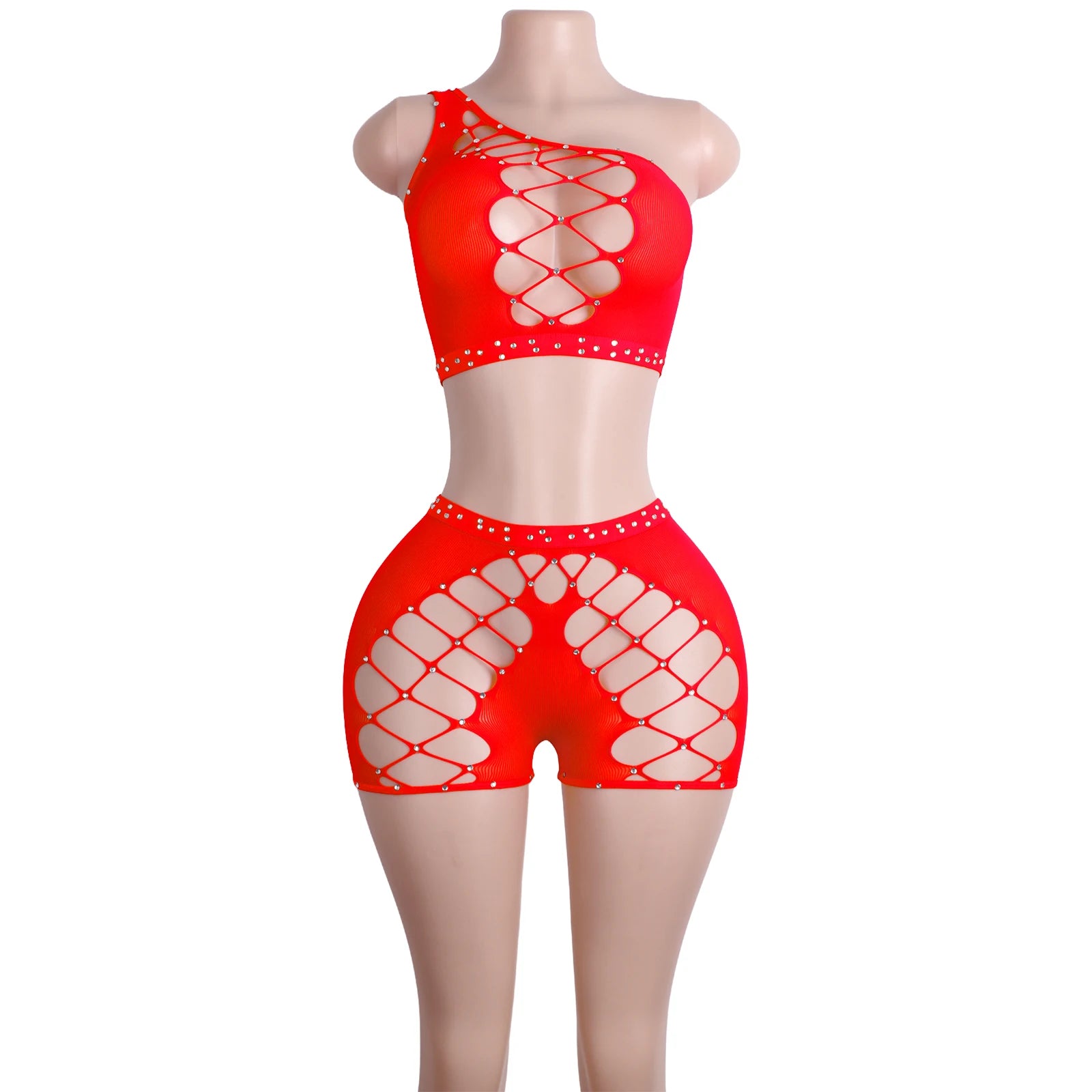 Exotic Dance wear Bodysuit Crystal Mesh Shorts Stripper Two-Piece Outfit
