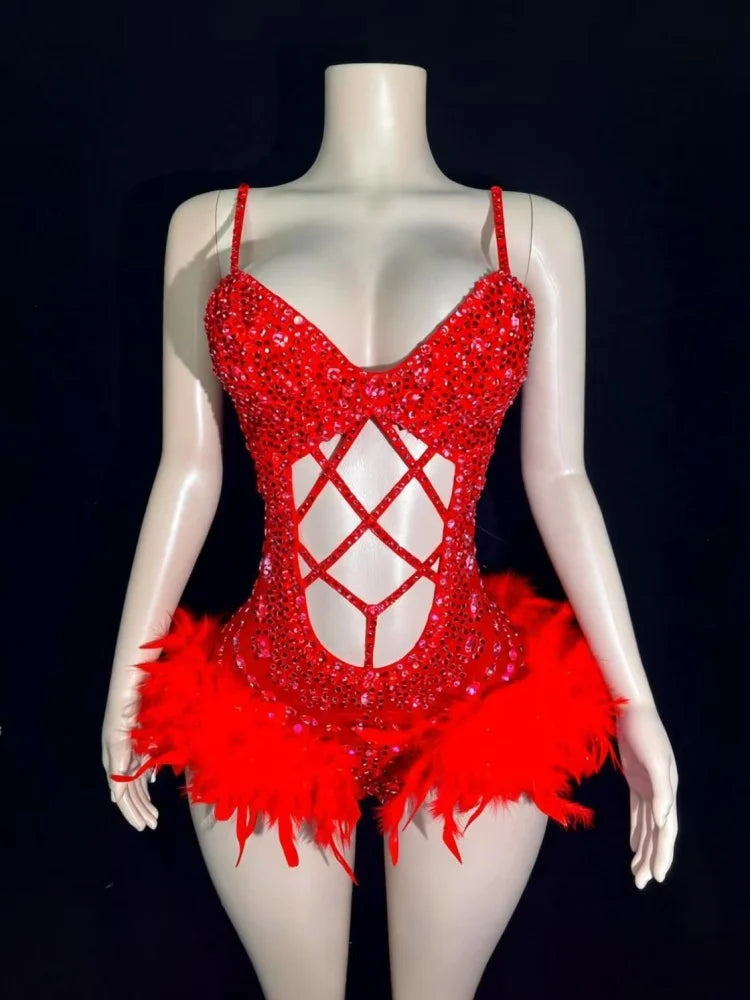 3 Colors Women Sexy Sparkly Pink Crystal Stretchy Night Club Singer Dancer Shinning Feathers Stage Costume Party Bodysuit