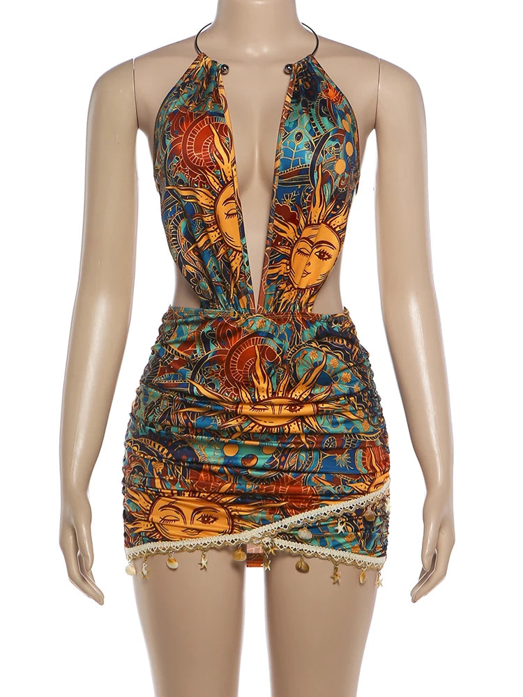 Weird Puss Colorful Print Backless Dress Women Sexy