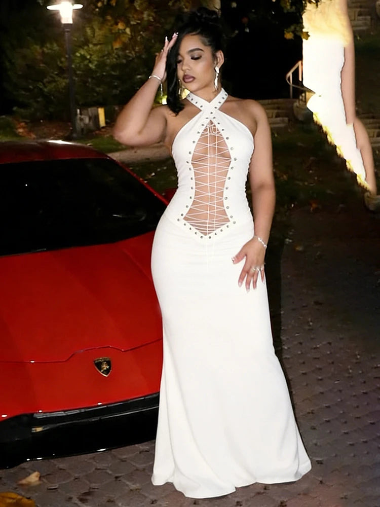 Sexy Hollow Long Dress Woman Halter Backless Cross Bandage Decoration High Waist Robe