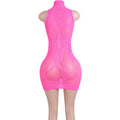 Women's Hot Pink Stripper Outfits Exotic Dancewear Sleeveless Bodysuit Fishnet Lingerie Bra Club Performance Wear