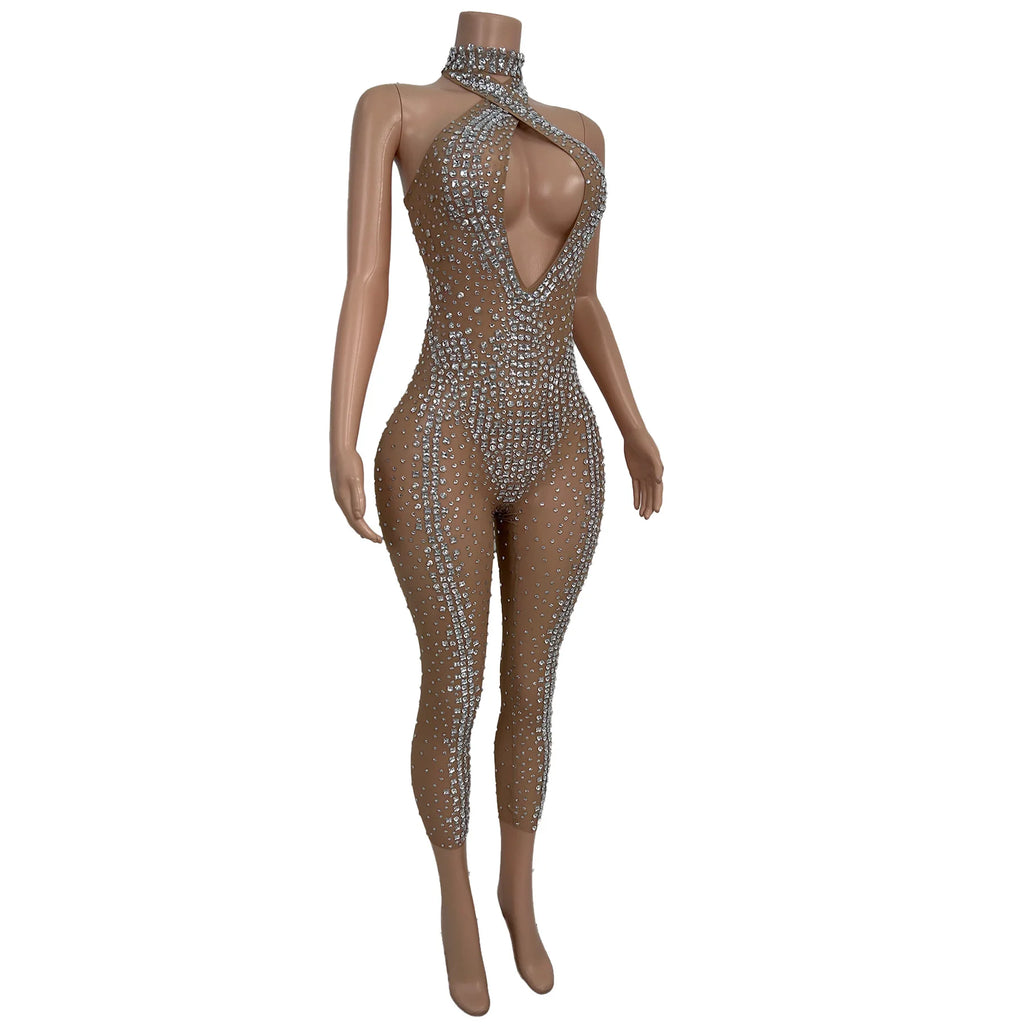 Sexy Sleeveless Hollow Out Rhinestone Jumpsuits Women Club Party One Piece Bodysuit Show Dance Rompers Stripper Festival Outfit