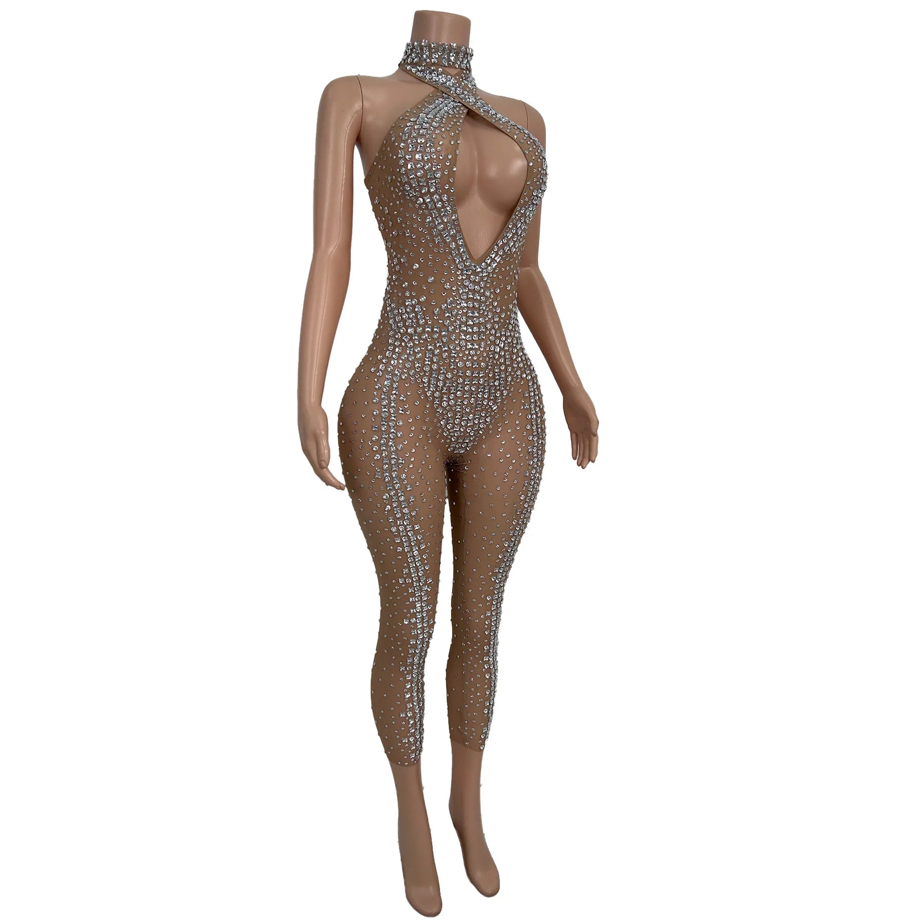 Sexy Sleeveless Hollow Out Rhinestone Jumpsuits Women Club Party One Piece Bodysuit Show Dance Rompers Stripper Festival Outfit