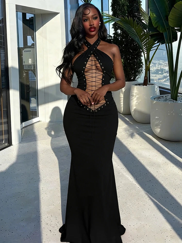 Sexy Hollow Long Dress Woman Halter Backless Cross Bandage Decoration High Waist Robe