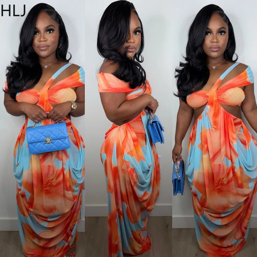 HLJ Sexy Tie Dye Patchwork Dress Women One Shoulder
