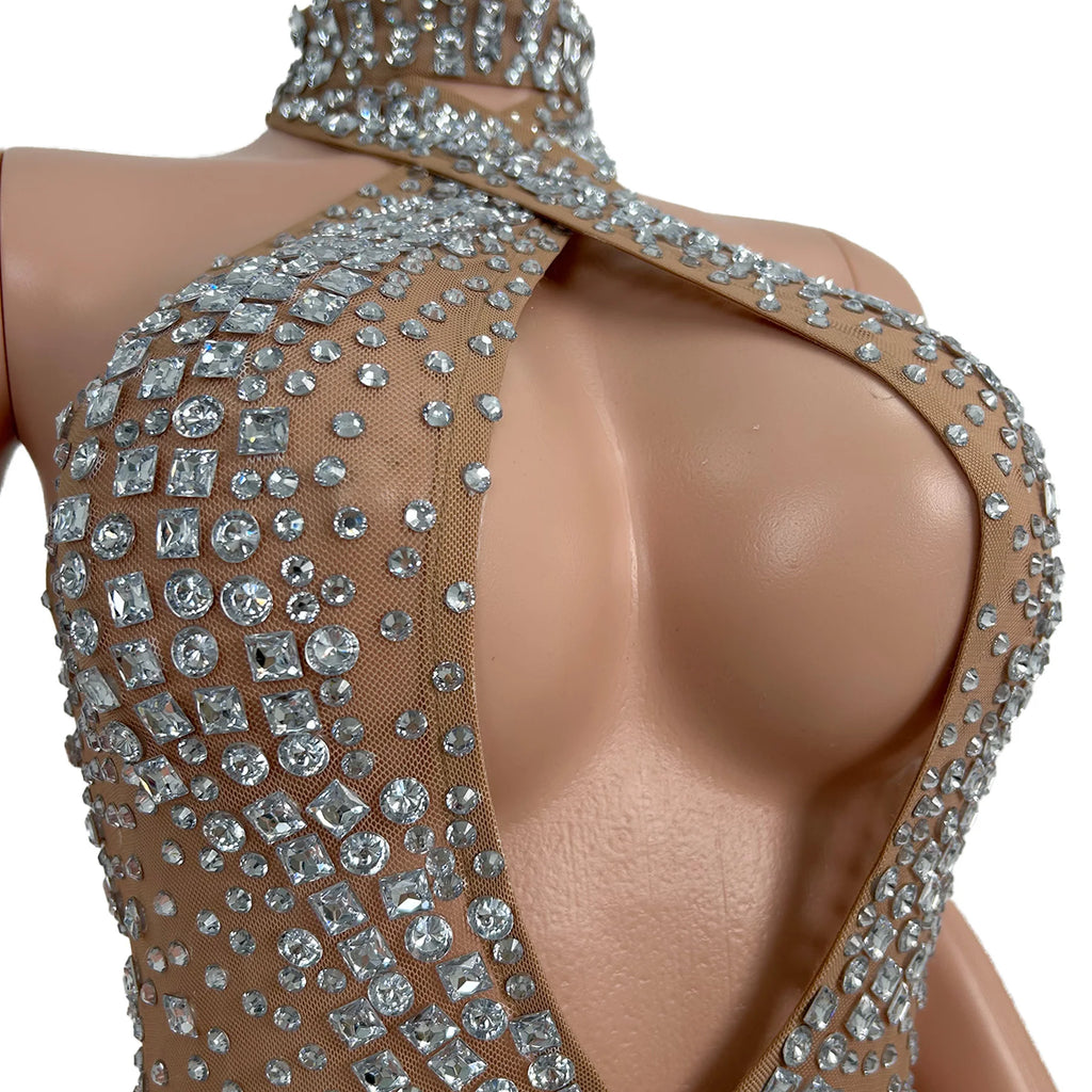 Sexy Sleeveless Hollow Out Rhinestone Jumpsuits Women Club Party One Piece Bodysuit Show Dance Rompers Stripper Festival Outfit