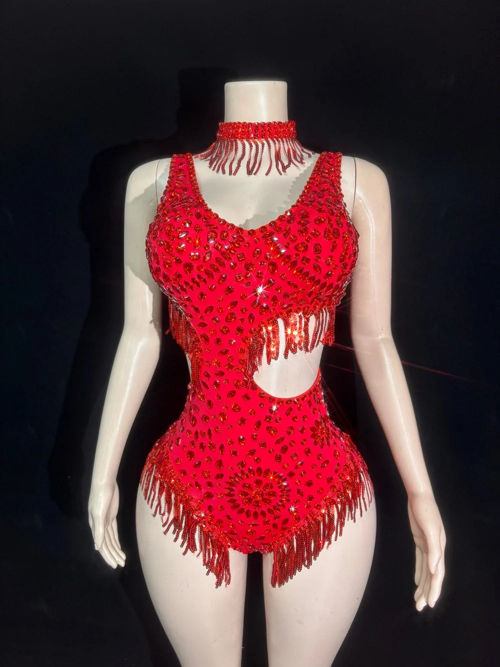 Women Sexy Sparkly Red Black Skin Crystal Stretchy Night Club Singer Dancer Shinning Tassel Stage Costume Party Bodysuit