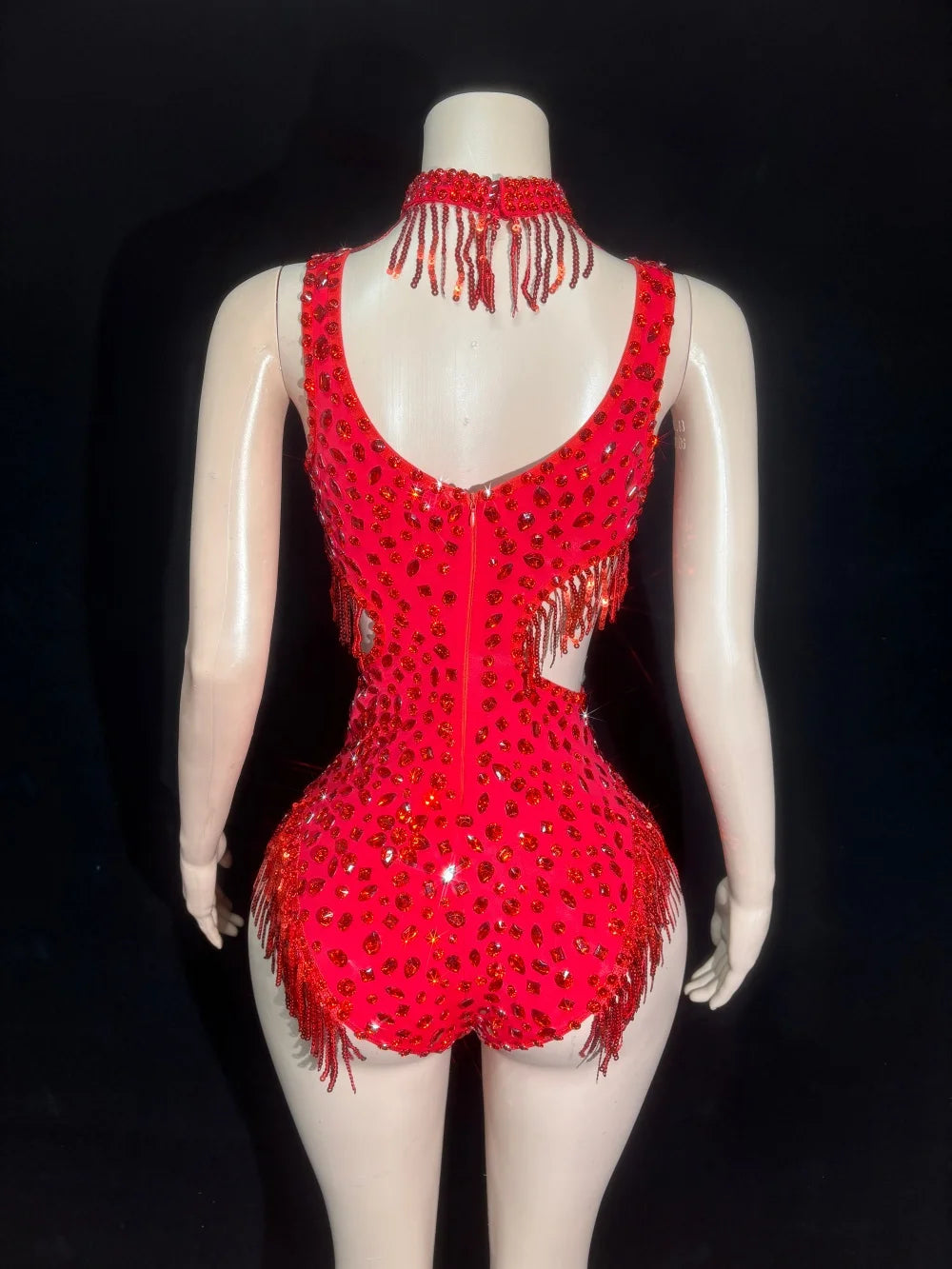Women Sexy Sparkly Red Black Skin Crystal Stretchy Night Club Singer Dancer Shinning Tassel Stage Costume Party Bodysuit