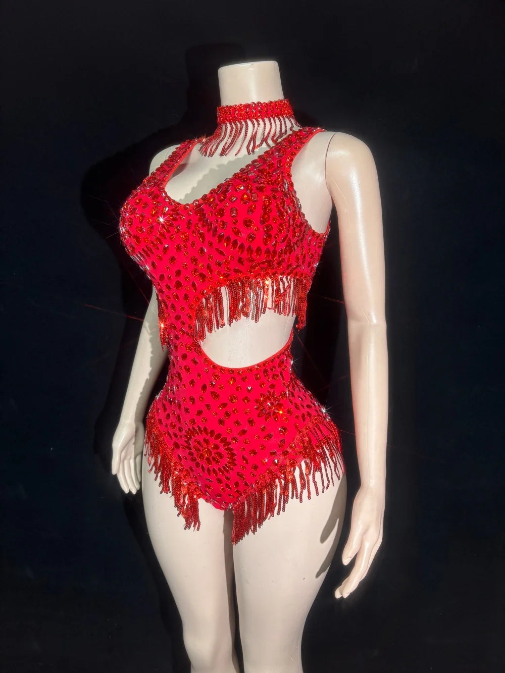 Women Sexy Sparkly Red Black Skin Crystal Stretchy Night Club Singer Dancer Shinning Tassel Stage Costume Party Bodysuit