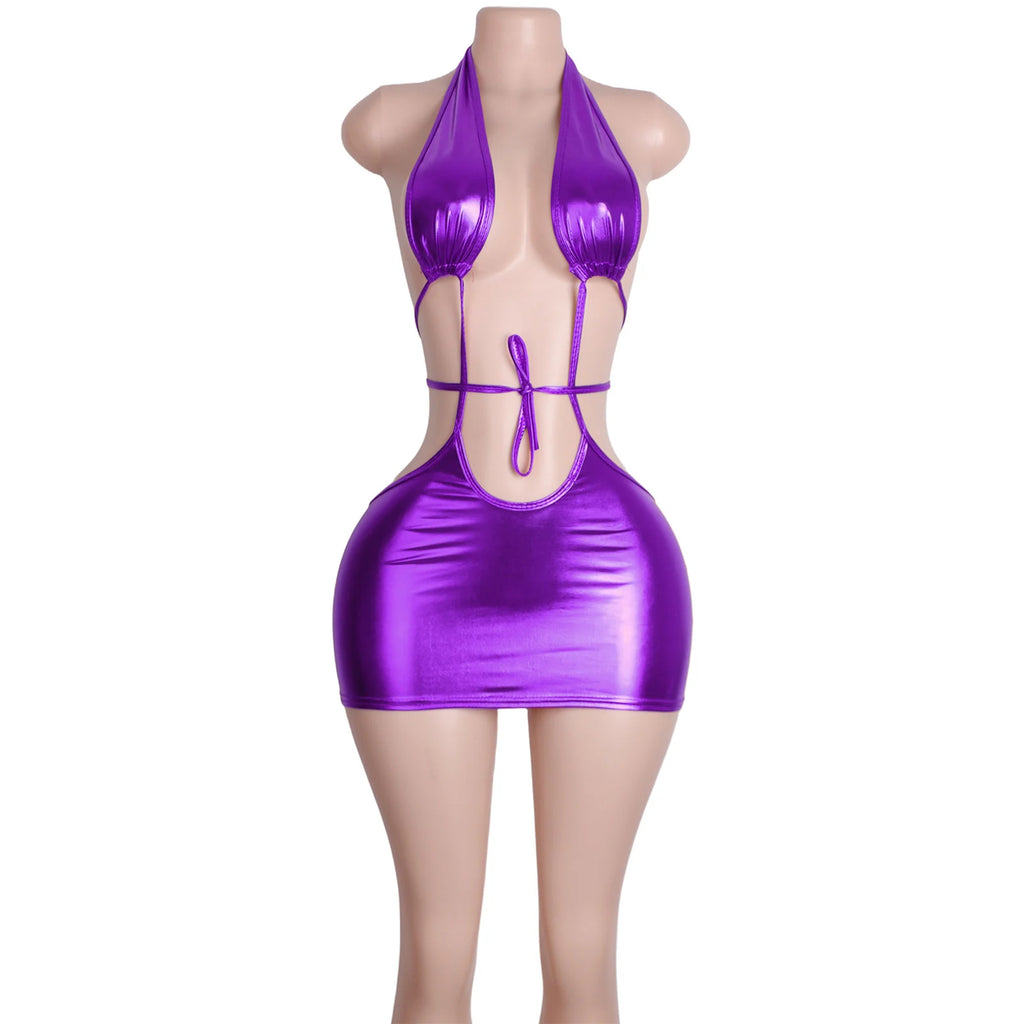 Patent Leather Jumpsuit Set Bodysuit Skirt Clubwear