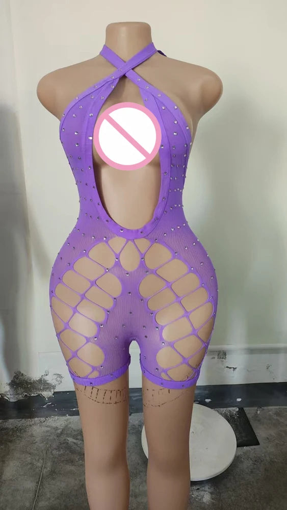 Sexy Designer Stripper Outfits Hollow-Out Rhinestone