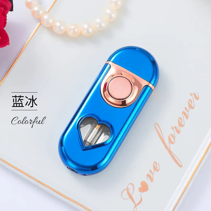 Metal Love Double Flame Butane Gas Lighter Creative LED