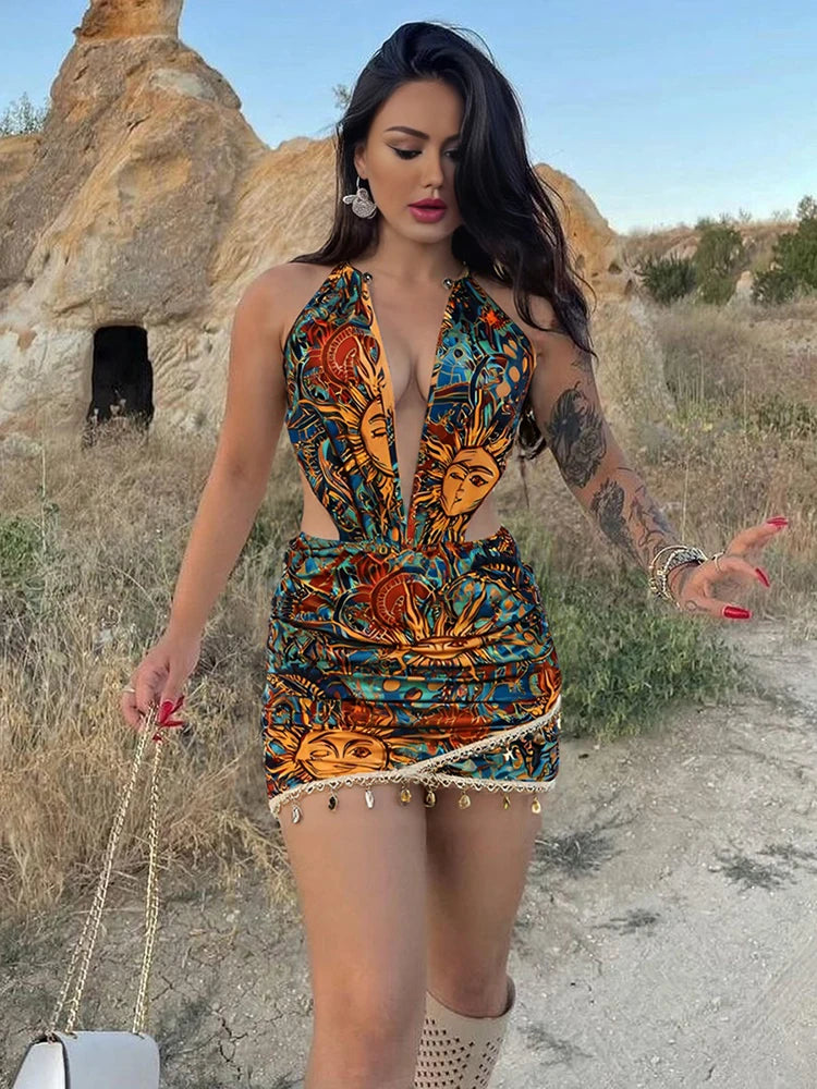 Weird Puss Colorful Print Backless Dress Women Sexy