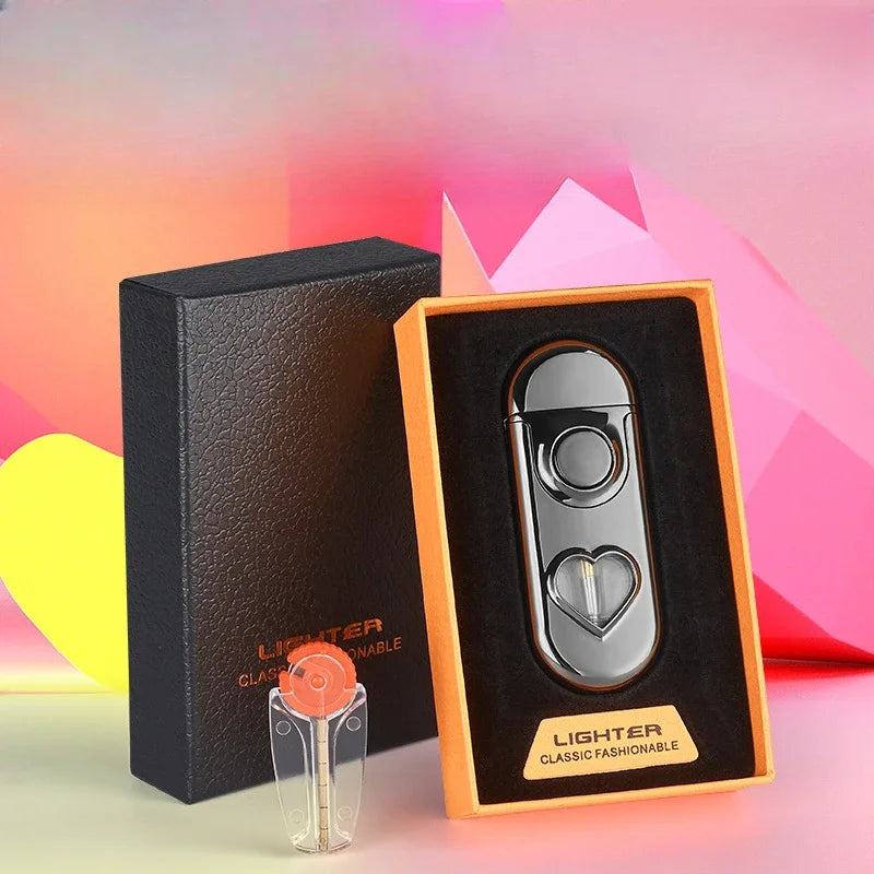 Metal Love Double Flame Butane Gas Lighter Creative LED