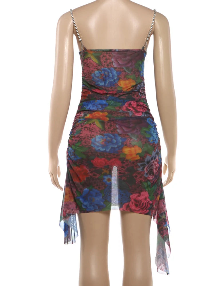 Floral Print Mini Dress Woman Rhinestone Chain