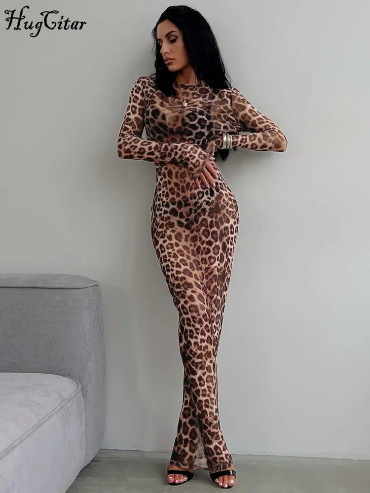 Hugcitar Leopard Print Mesh Long Sleeve Sexy