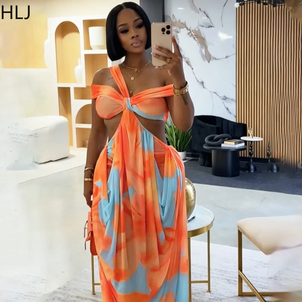 HLJ Sexy Tie Dye Patchwork Dress Women One Shoulder
