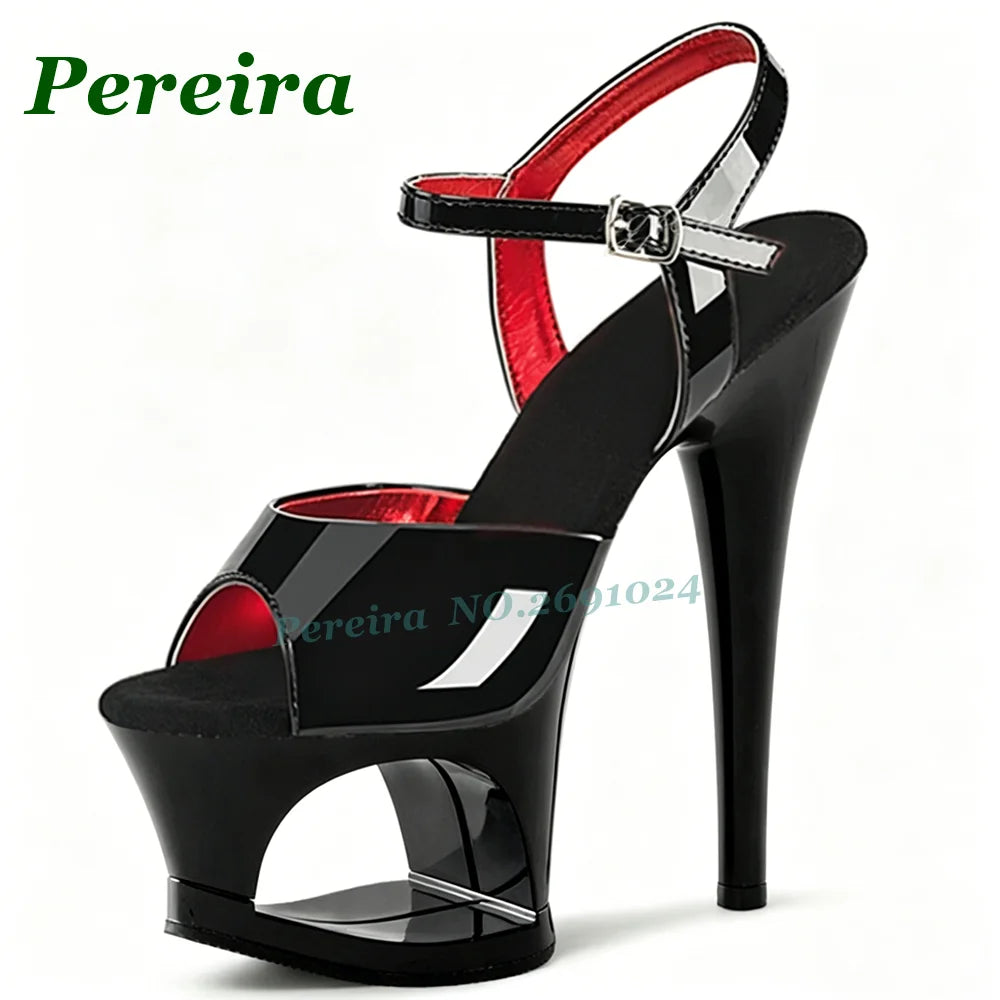 Women's Black Patent Cutout Platform Heels Sandals Peep Toe Ankle Strap Stiletto Sandals