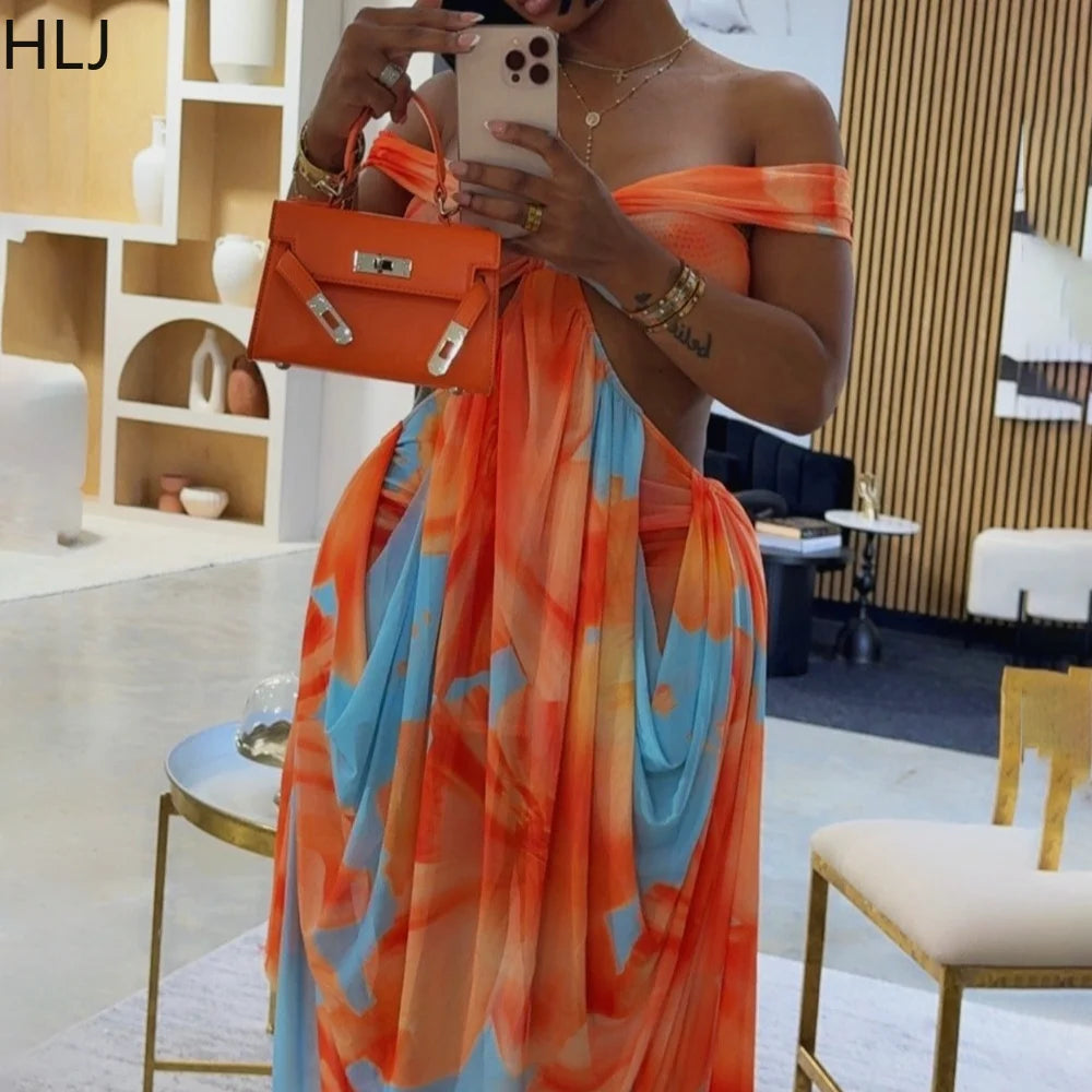 HLJ Sexy Tie Dye Patchwork Dress Women One Shoulder
