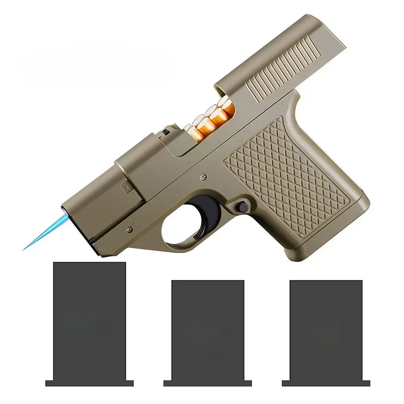 Windproof Capacity 10PCS Pistol style Inflatable Lighter with 3 Cigarette Boxes Jet style Deep Blue Flame Lighter Smoking Gift