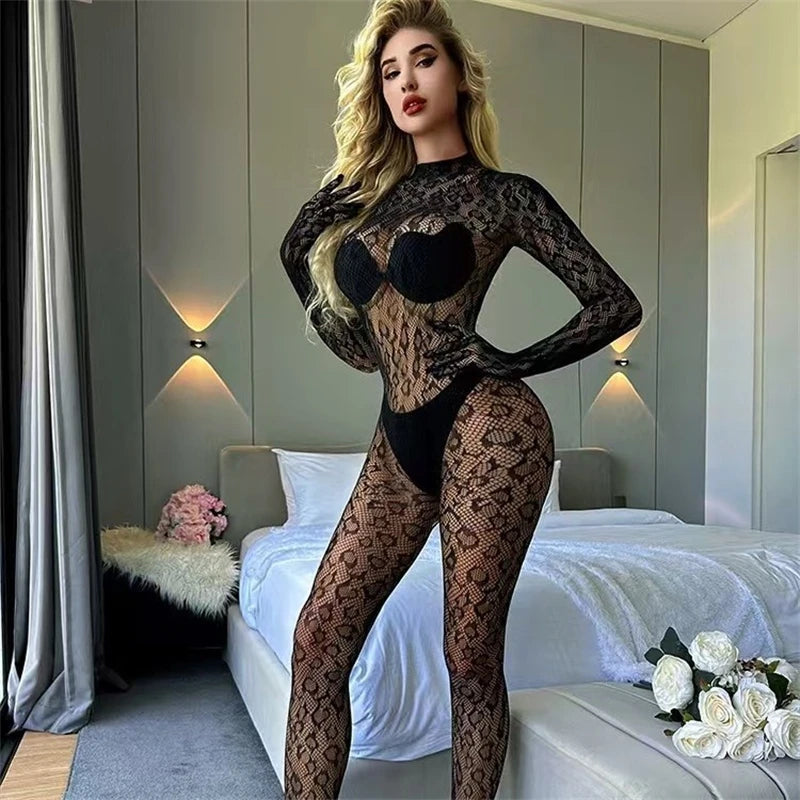 Women Sexy Leopard Hollow Out Mesh Bodystocking