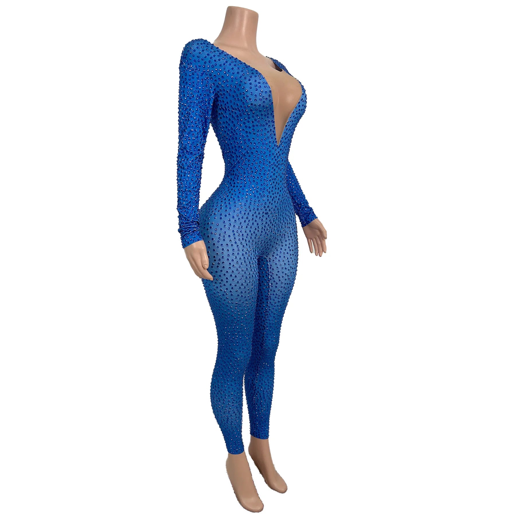 Sexy Deep V Neck Long Sleeves Blue Crystal Jumpsuits